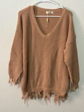 Julia Distressed oversized  V-Neck Knit Sweater in Tan size S/M